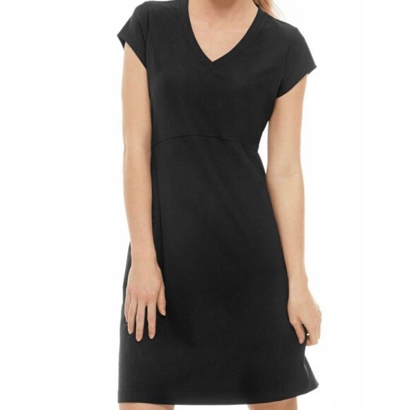Women’s L.L. Bean Fitness Black V-Neck Short Sleeve Dress Size L Large Regular - Picture 1 of 7